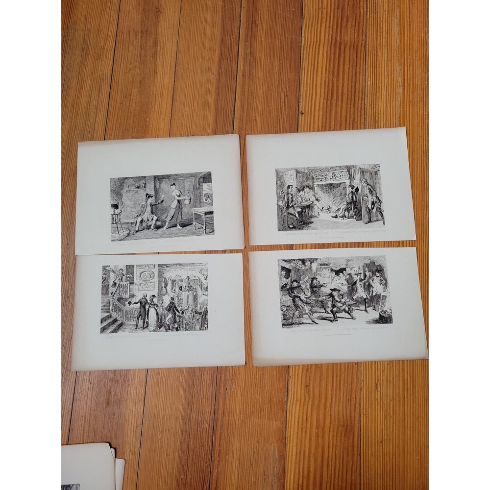 Set of 4-1836 Fisher Son &C9 Antique Print Etching- Party, Sword Fight, Eating